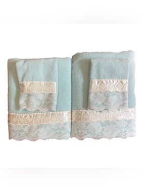 Vtg Lace Trim Bath Towel Set Seafoam Mint Cottagecore Bathroom Linens USA Made